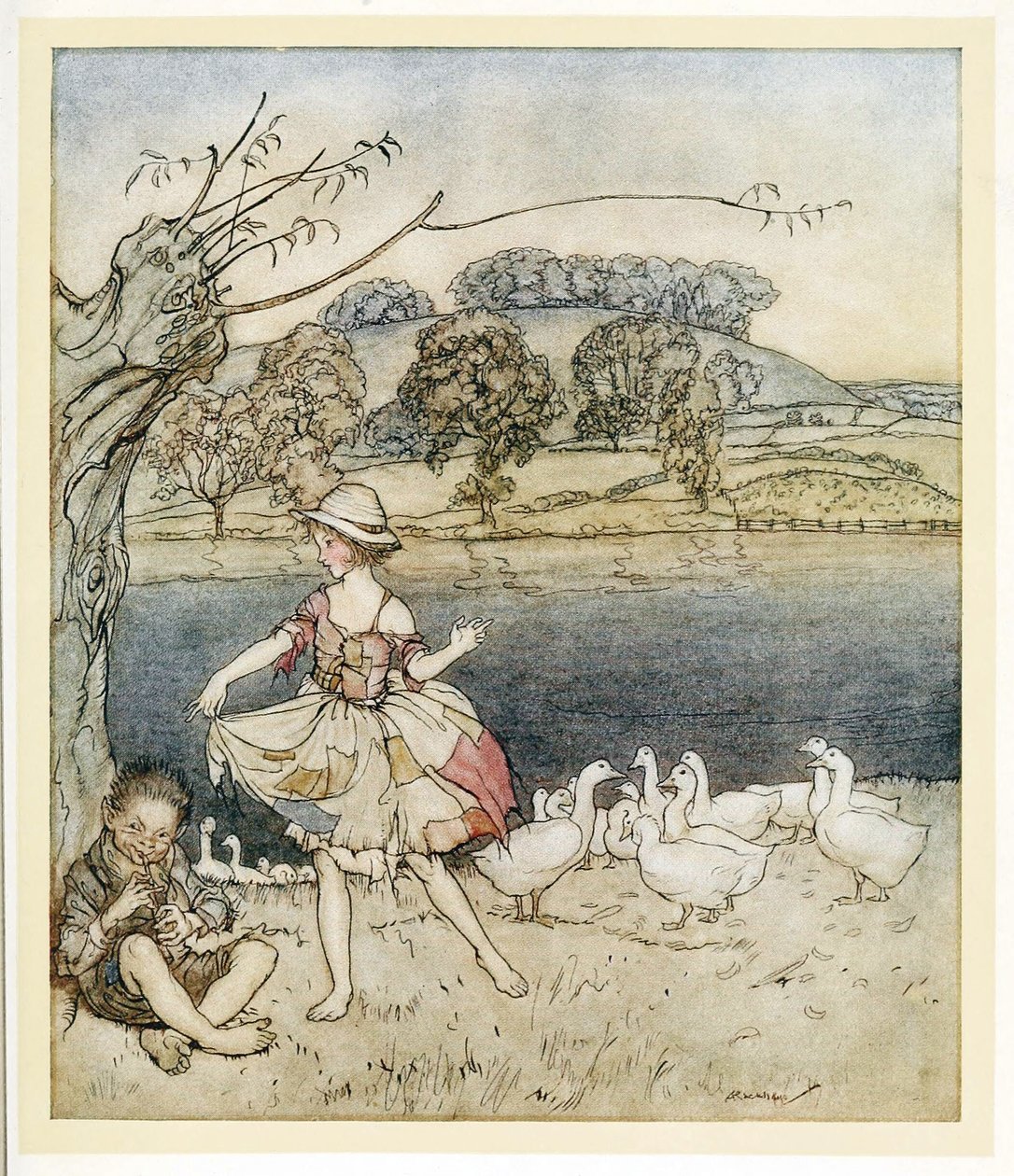 Tattercoats danser, mens gåsehyrden piber, fra engelske Fairy Tales, pub. 1922 af Arthur Rackham