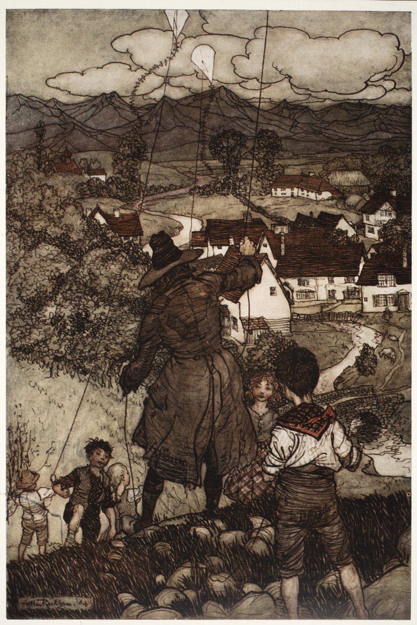 Lærte dem at flyve med drager., fra Rip Van Winkle af Washington Irving, pub. 1910 af Arthur Rackham