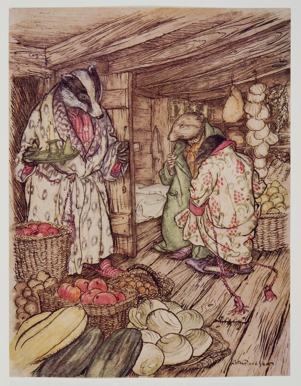Badgers vinterbutikker, som faktisk var synlige overalt, optog halvdelen af lokalet, fra Wind in the Willows af Kenneth Grahame (1859 - 1932), pub. 1940 af Arthur Rackham