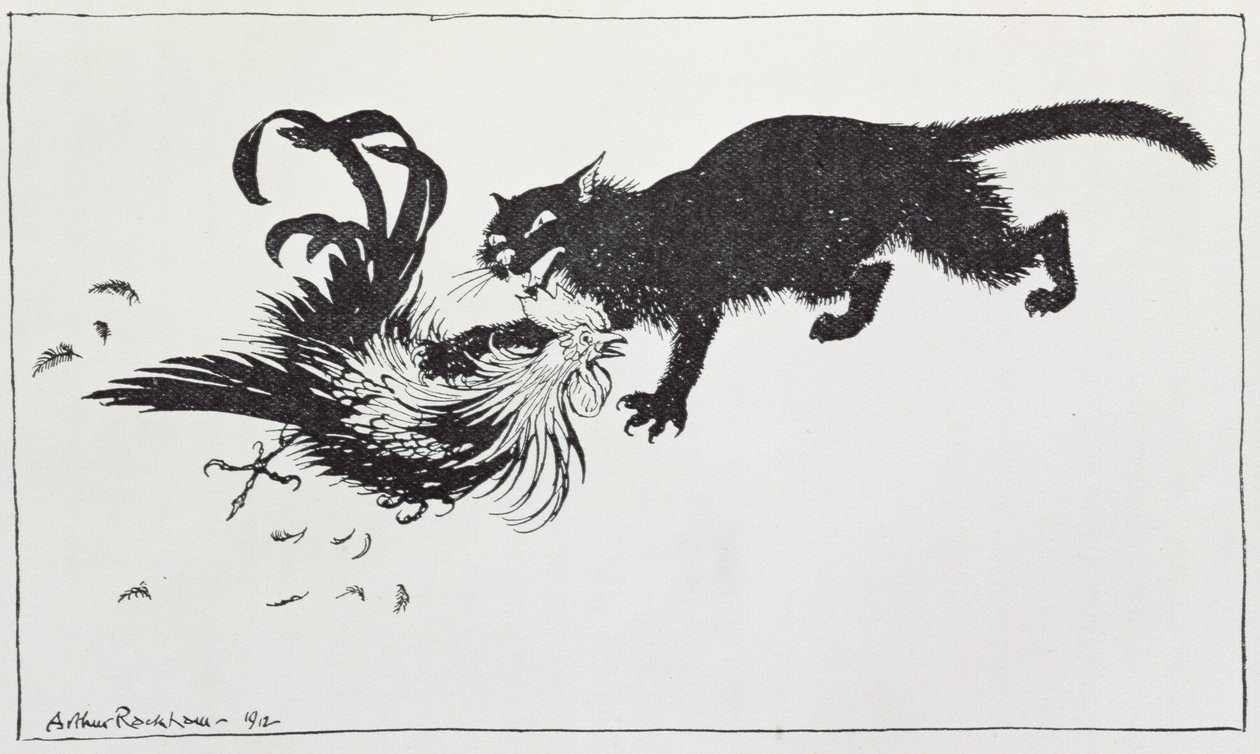 Katten og hanen, illustration fra "Æsops fabler", udgivet af Heinemann, 1912 af Arthur Rackham