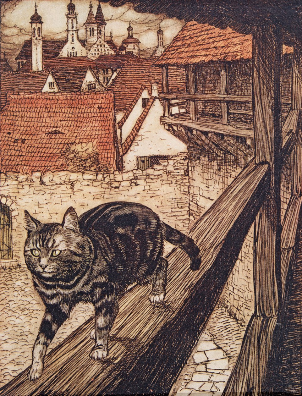 Katten stjal væk bag bymuren til Kirken .., fra The Fairy Tales of the Brothers Grimm, pub. 1909 af Arthur Rackham