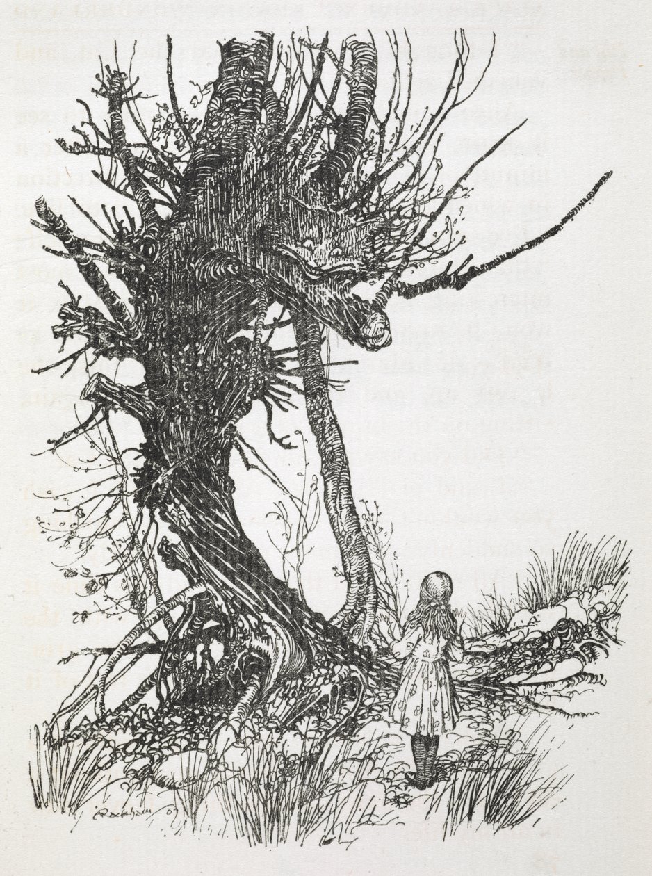 Cheshire-katten i et træ ser ned på Alice af Arthur Rackham