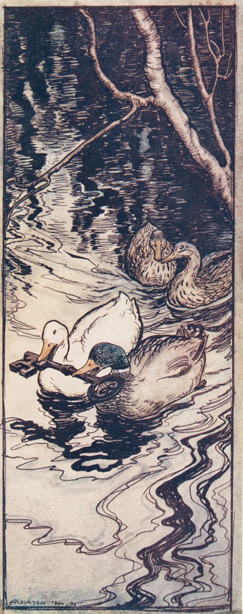 Ænderne, som han engang havde reddet, dykkede og hentede nøglen fra dybet fra Brødrene Grimms eventyr, pub. 1909 af Arthur Rackham