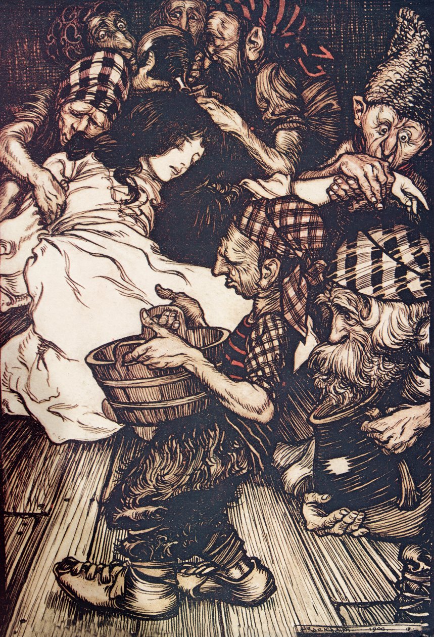 Dværgene, da de kom om aftenen fandt Snowdrop liggende på jorden, fra The Fairy Tales of the Brothers Grimm, pub. 1909 af Arthur Rackham
