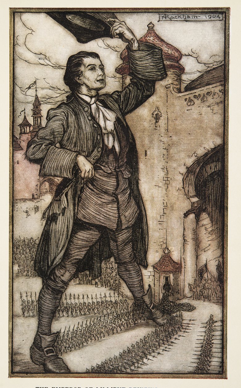 The Emperor of Lilliput gennemgår sine tropper, fra Gullivers rejser af Jonathon Swift (1667 - 1745), pub. 1909 (farve litho) af Arthur Rackham