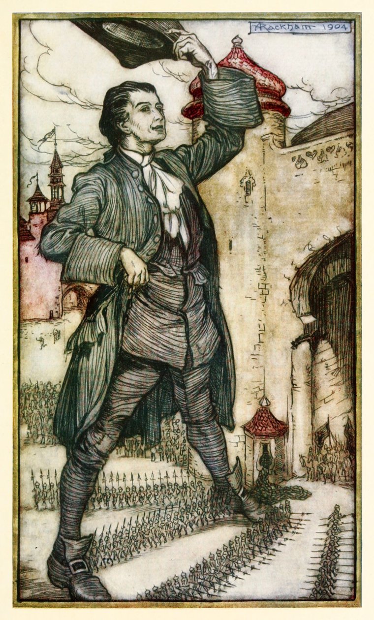 Kejseren af Lilliput gennemgår sine tropper fra Del I: En rejse til Lilliput i Gullivers Travels af Jonathan Swift af Arthur Rackham