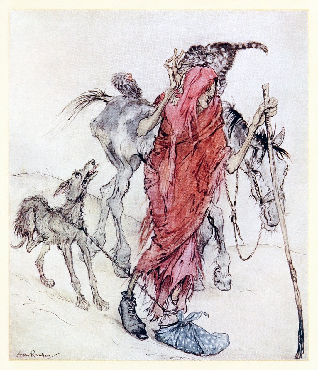 Hag of the Mill var en knoglet, tynd stang af en heks med mærkelige fødder. fra Mongans Frenzy in Irish Fairy Tales af Arthur Rackham