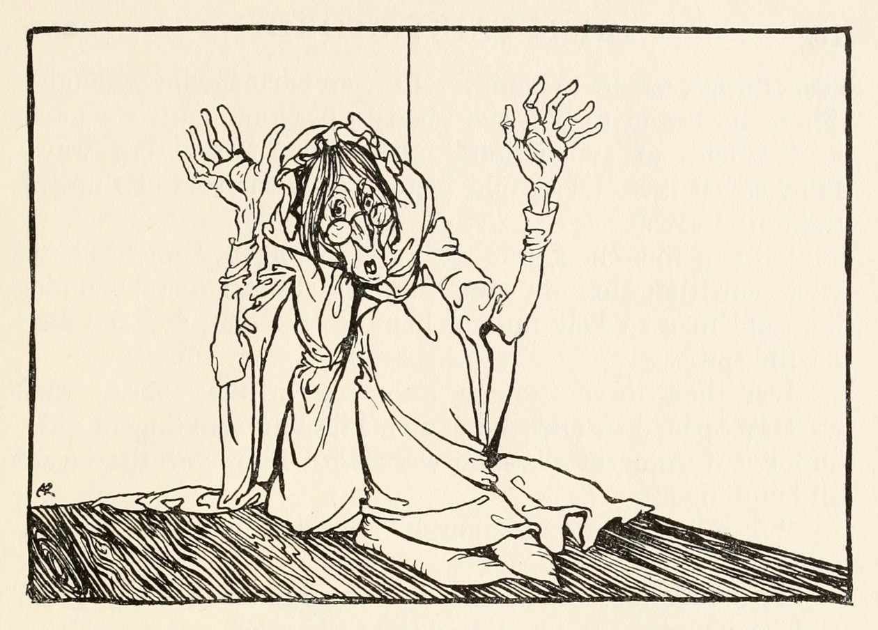 Hag sad mod væggen, fra Morgans Frenzy in Irish Fairy Tales af Arthur Rackham