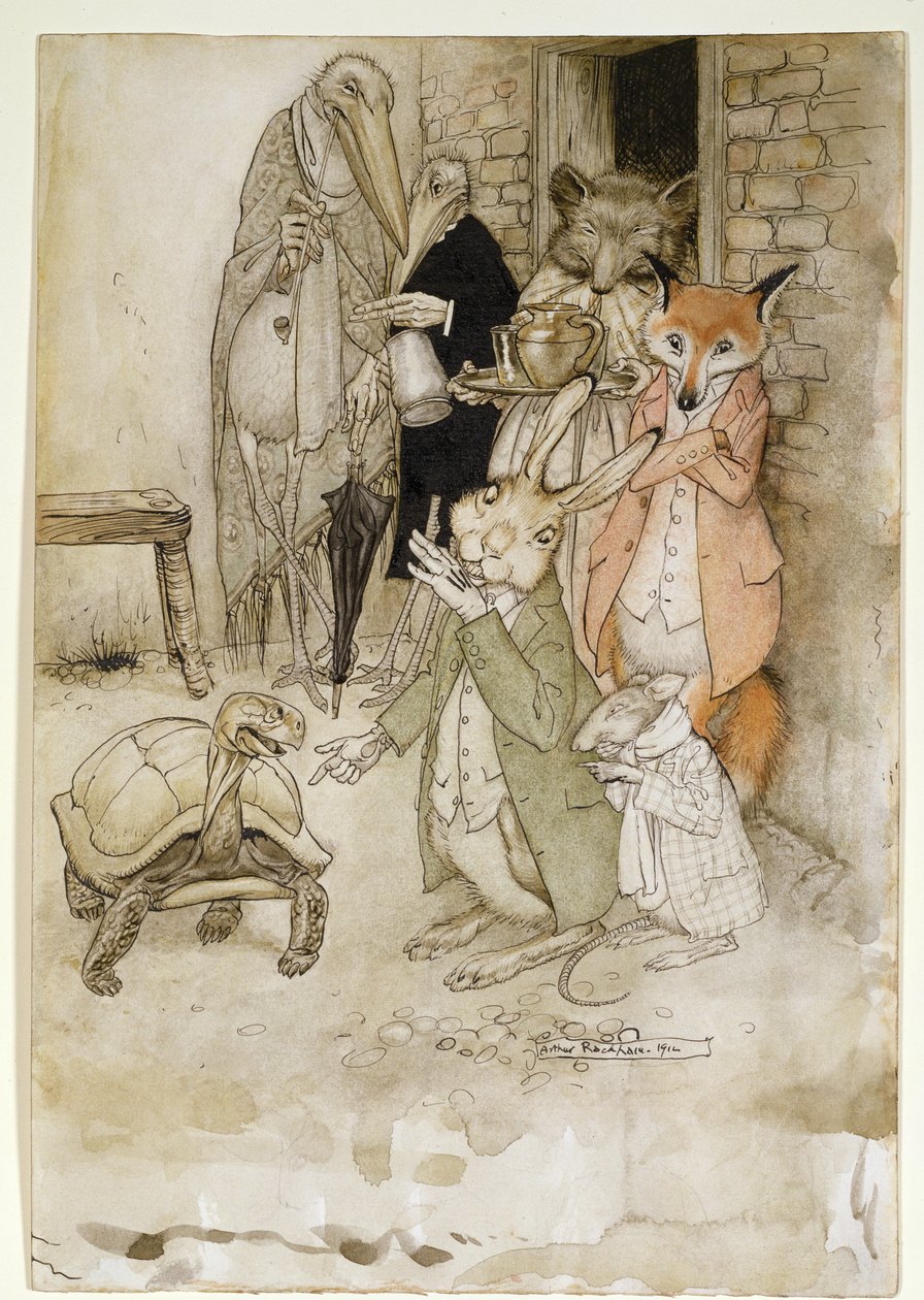 The Hare and the Tortoise, illustration fra Aesops Fables, pub. af Heinemann, 1912 (pen & blæk, wc på papir) af Arthur Rackham
