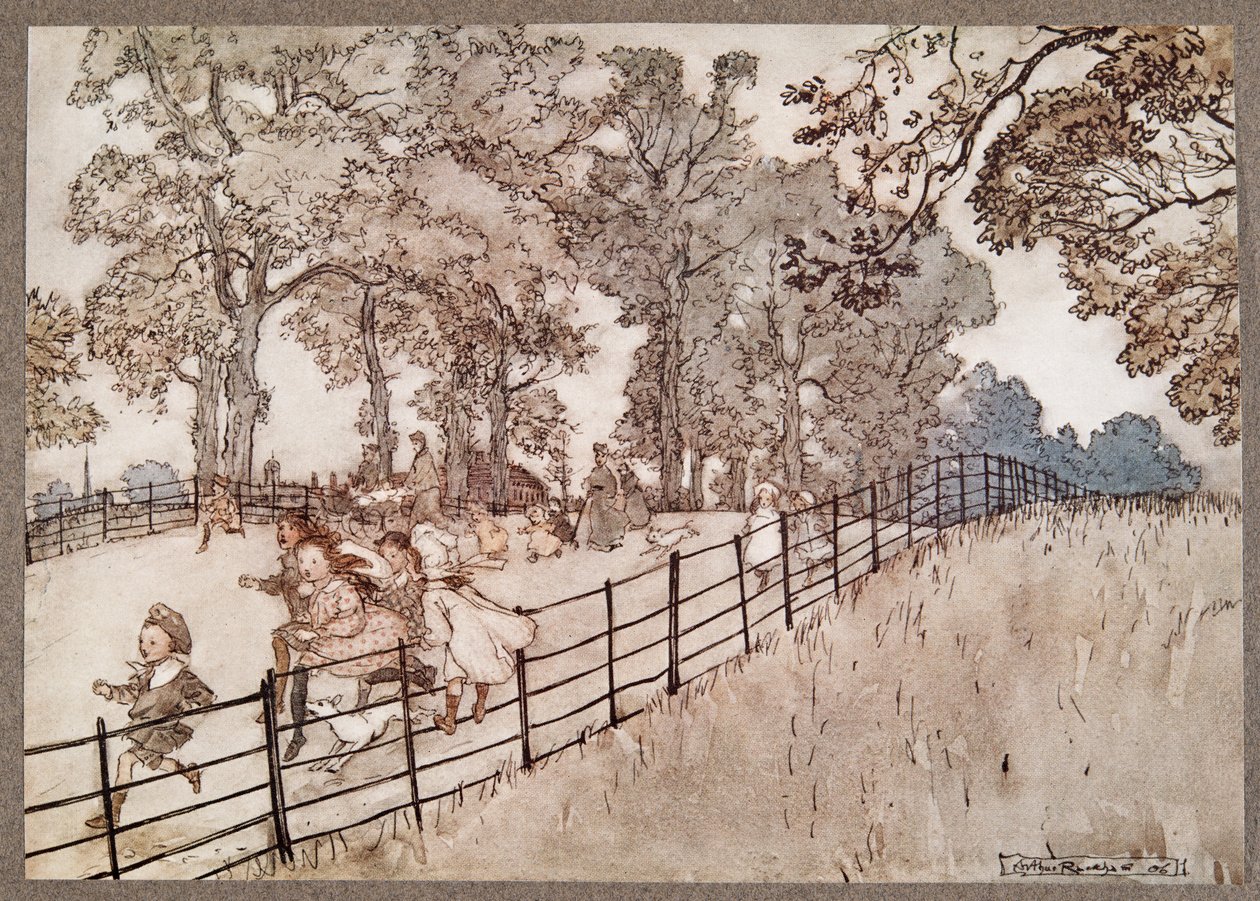 The Hump som er den del af Broad Walk hvor alle de store løb køres, fra Peter Pan i Kensington Gardens af J M Barrie (1860 - 1937), pub. 1906 af Arthur Rackham