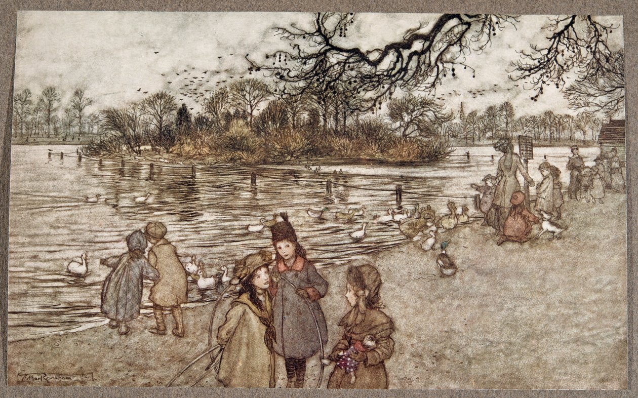 Øen, hvor alle fuglene er født, der blev til drenge- og piger, fra Peter Pan i Kensington Gardens af J M Barrie (1860 - 1937), pub. 1906 af Arthur Rackham