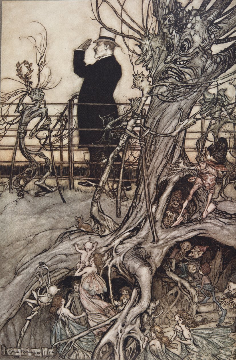 Kensington Gardens er i London, hvor kongen bor ..", fra Peter Pan i Kensington Gardens af J M Barrie (1860 - 1937), pub. 1906 (farve litho) af Arthur Rackham