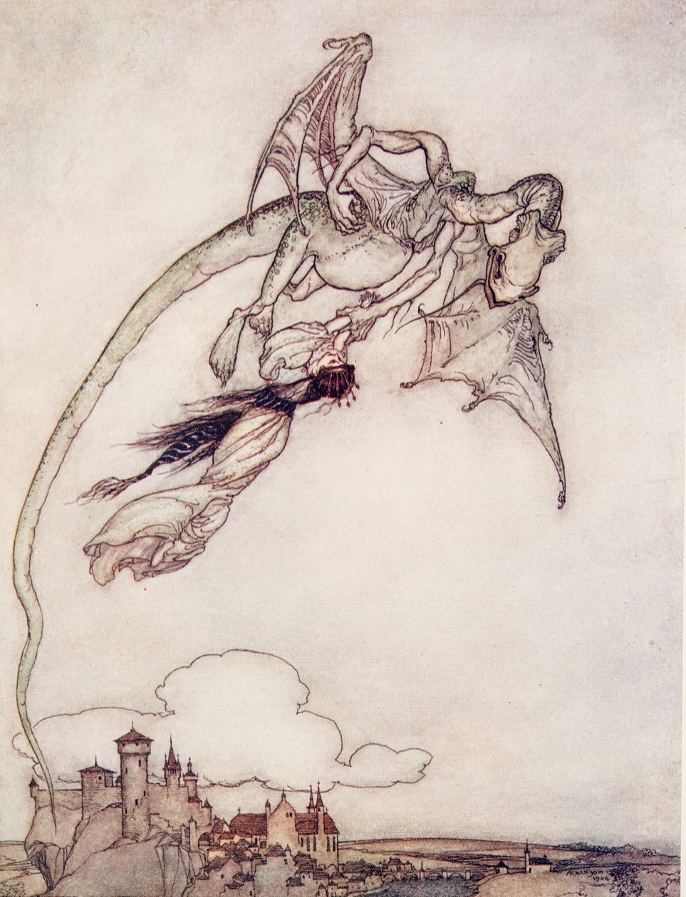 Kongens eneste datter var blevet bortført af en drage, fra The Fairy Tales of the Brothers Grimm, pub. 1909 af Arthur Rackham