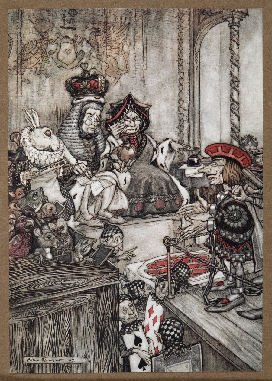 Hjertekniven i kajen før dronningen og kongen af hjerter anklaget for at stjæle tærterne af Arthur Rackham