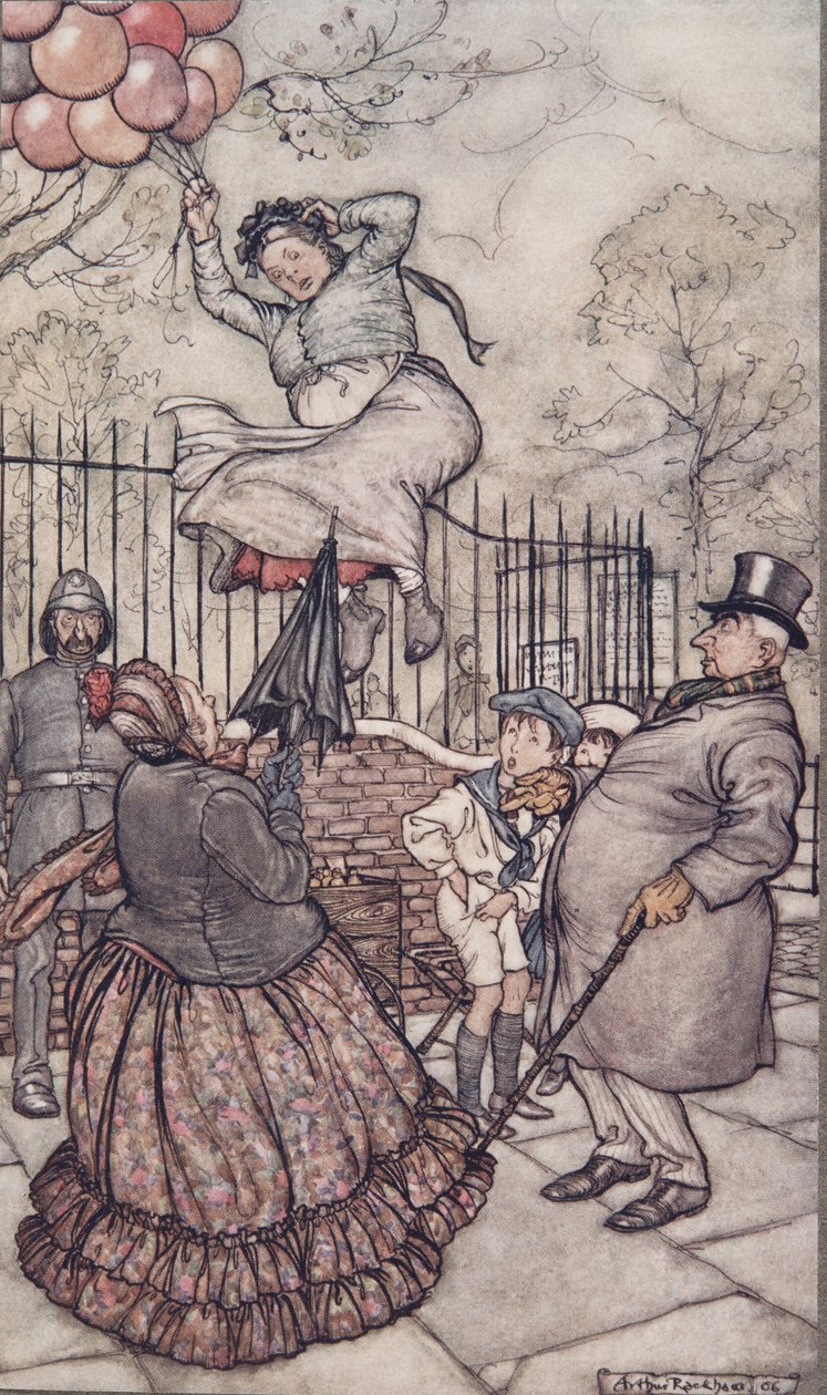 The Lady with the balloons, som sidder lige udenfor, fra Peter Pan i Kensington Gardens af J M Barrie (1860 - 1937), pub. 1906 af Arthur Rackham