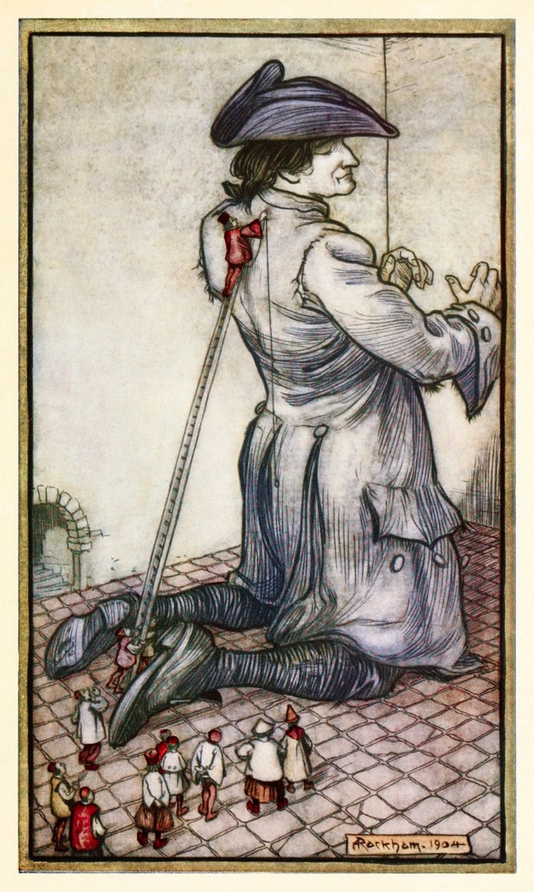 De lilliputske skræddere måler Gulliver for en ny dragt tøj fra del I: A Voyage to Lilliput in Gullivers Travels af Jonathan Swift af Arthur Rackham