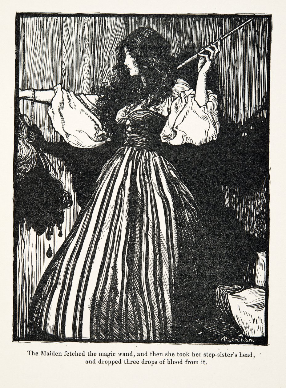 Jomfruen hentede tryllestaven, og så tog hun sin stedsøstres hoved og tabte tre dråber blod fra den fra The Fairy Tales of the Brothers Grimm, pub. 1909 af Arthur Rackham