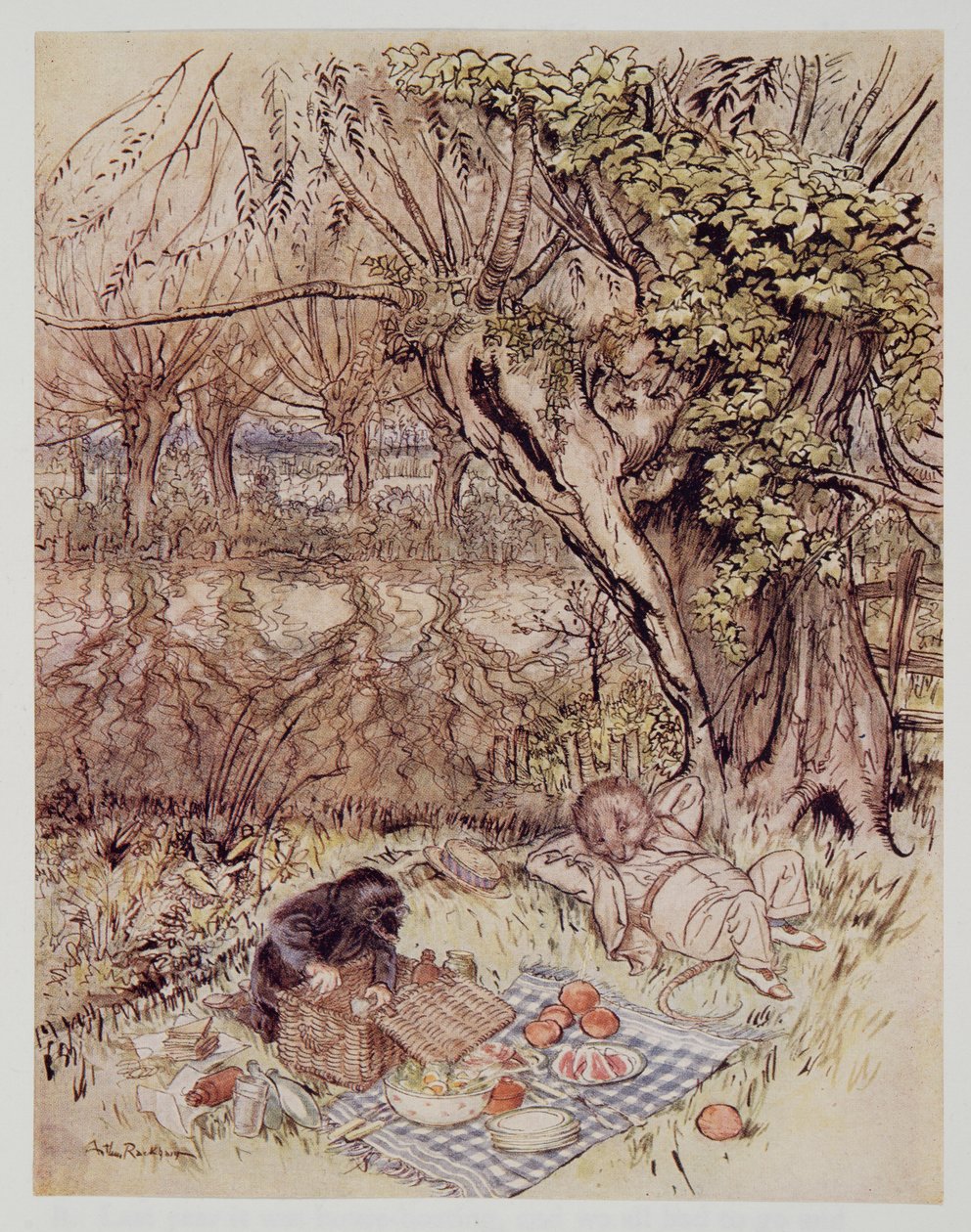 Muldvarpen tryglede som en tjeneste om at få lov til at pakke det helt ud selv, fra Wind in the Willows af Kenneth Grahame (1859 - 1932), pub. 1940 af Arthur Rackham