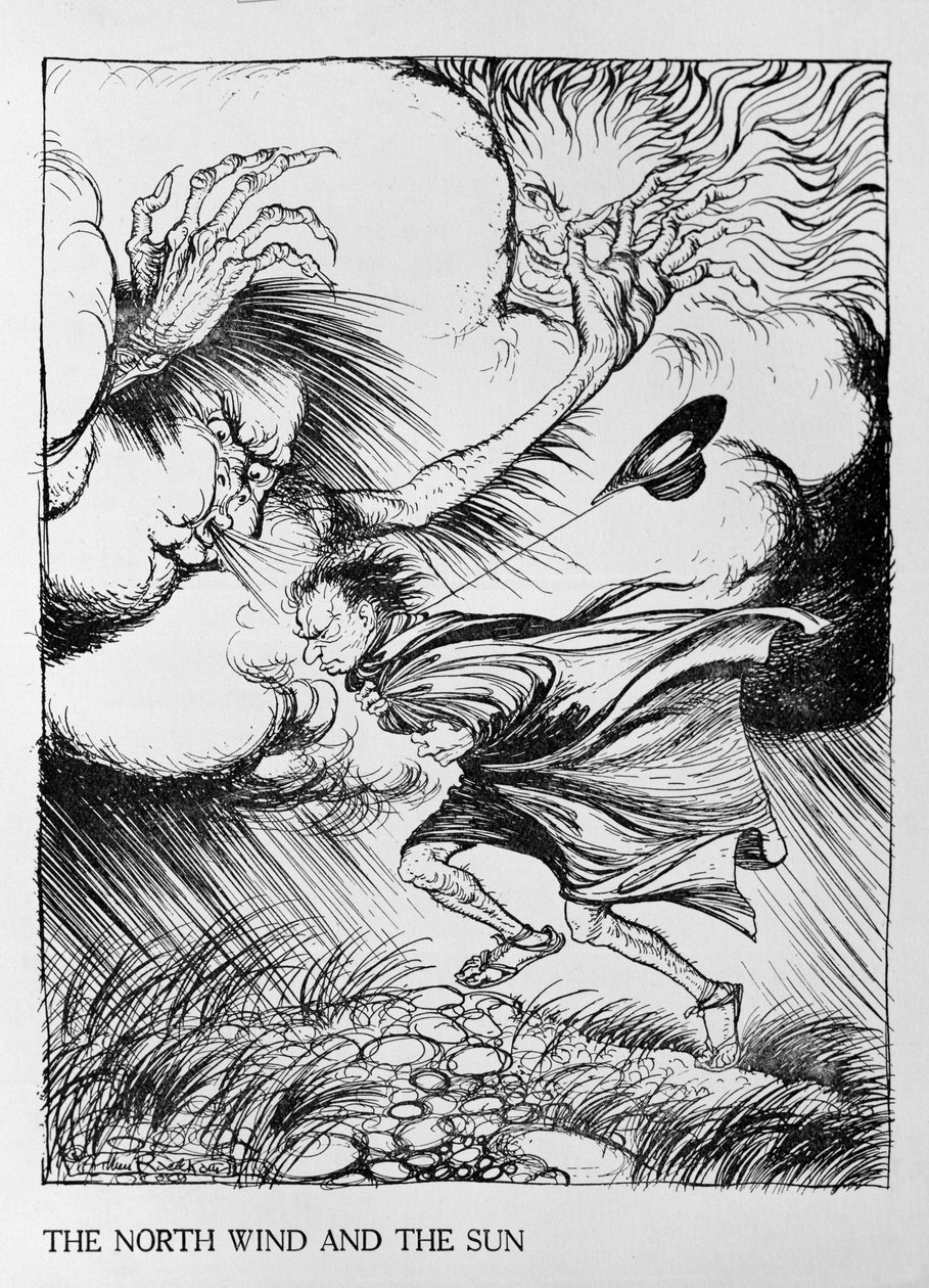 Nordvinden og solen, illustration fra "Æsops fabler", udgivet af Heinemann, 1912 af Arthur Rackham