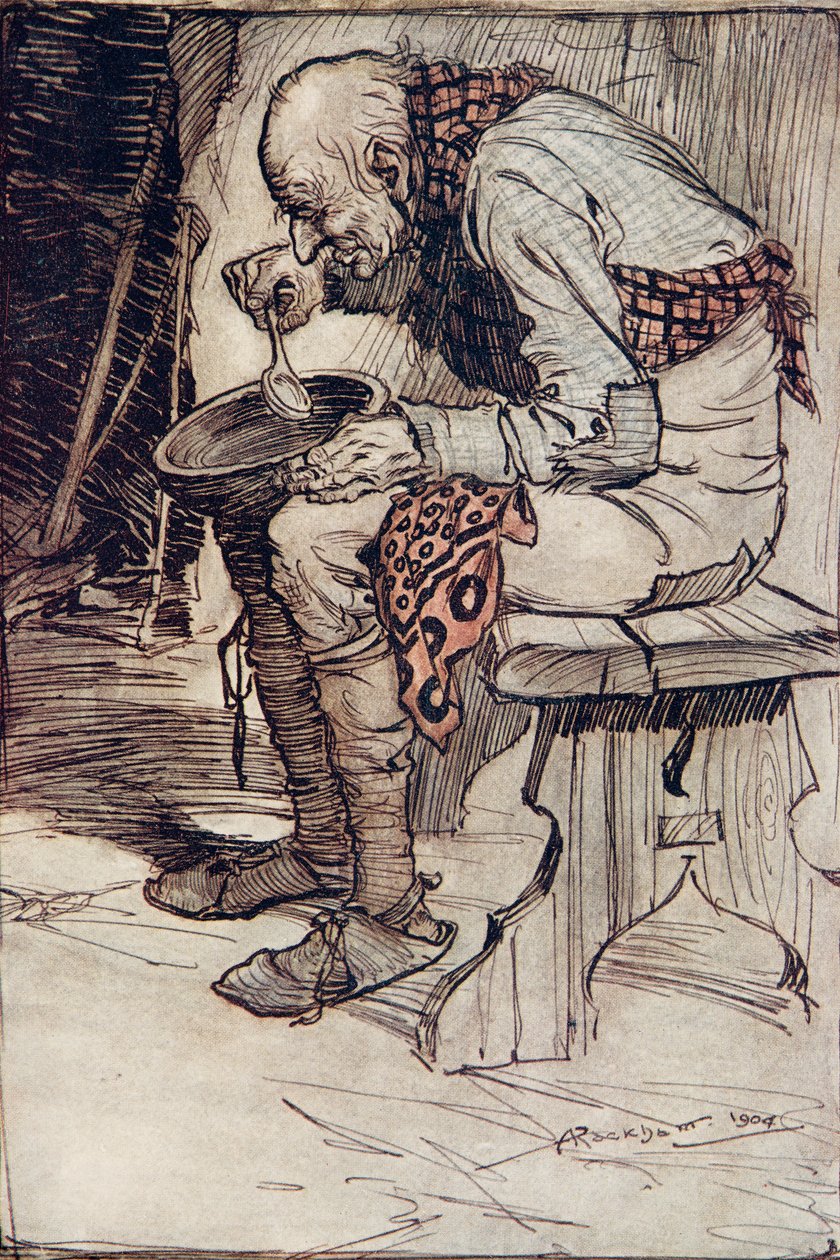 Den gamle mand måtte sidde for sig selv og spise sin mad fra en træskål ... fra Brødrene Grimms eventyr, pub. 1909 af Arthur Rackham