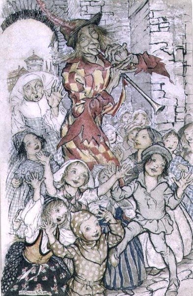 The Pied Piper of Hamelin, illustration til digtet af Robert Browning (1812-89) pub. 1934 (pen & blæk, akvarel på papir) af Arthur Rackham