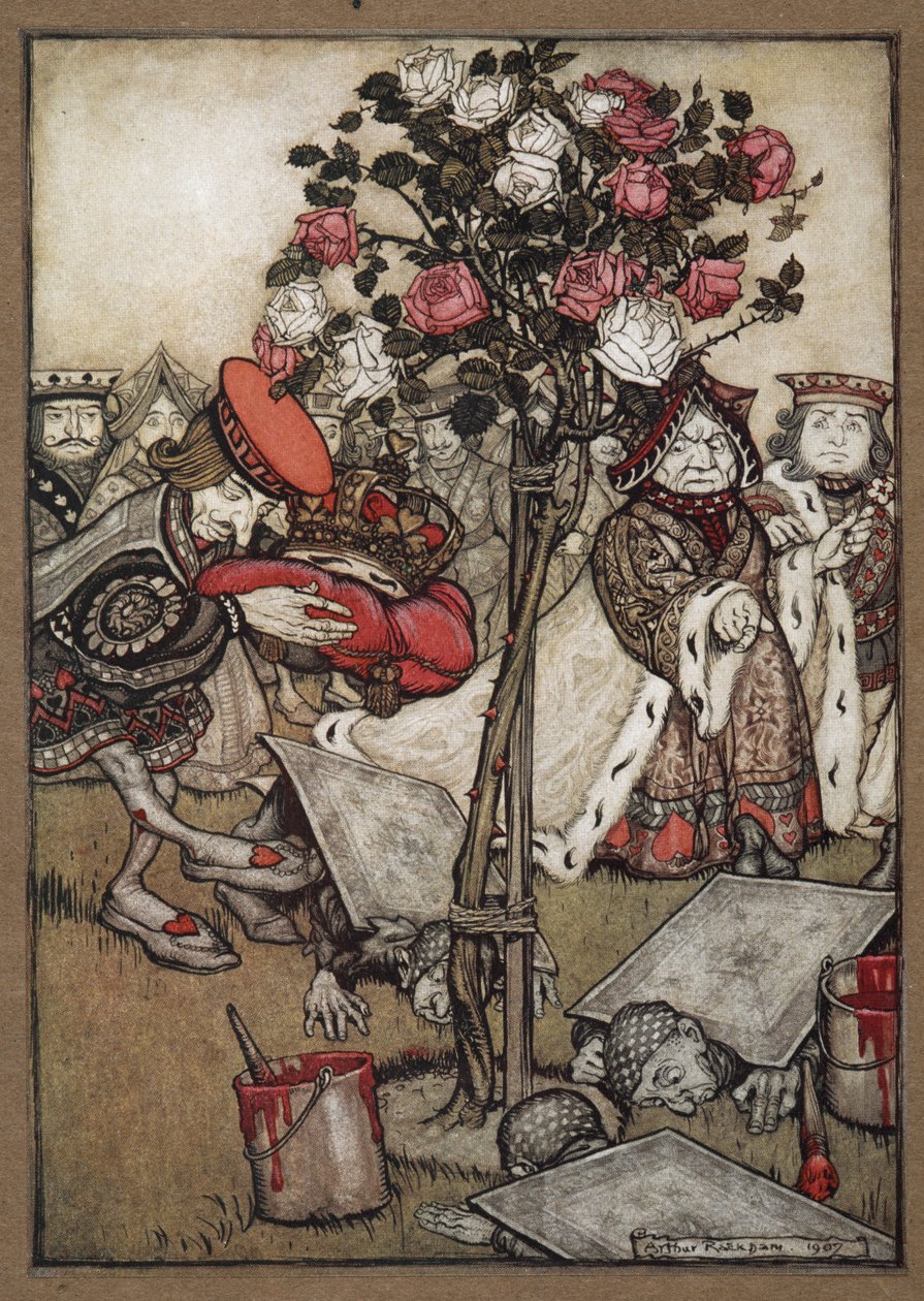 Hjerternes dronning, konge og knægt passerer mændene klædt som kort, der maler rosenbusken rød af Arthur Rackham