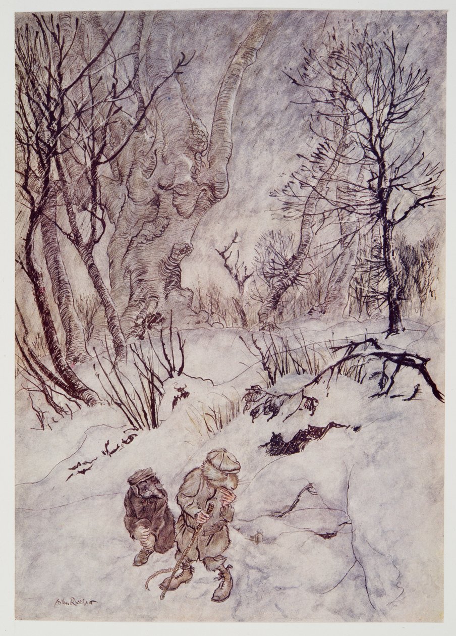 The Rat overvejede et stykke tid og undersøgte puklerne og skråningerne, der omgav dem, fra Wind in the Willows af Kenneth Grahame (1859 - 1932), pub. 1940 af Arthur Rackham