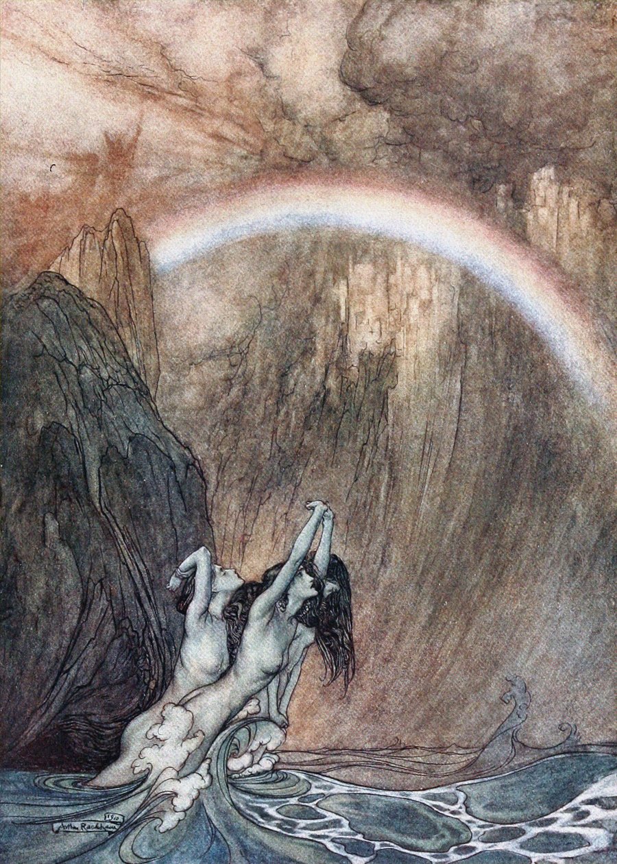 Rhinpigerne begræder deres tabte guld. Illustration til Rhinegold og Valkyrien af Richard af Arthur Rackham