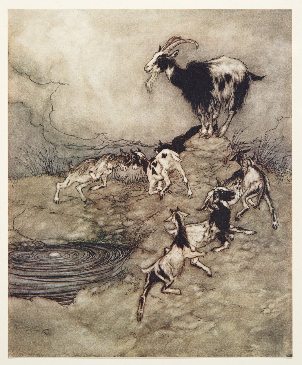De syv børn og deres mor kaprede og dansede foråret rundt i deres glæde, fra The Fairy Tales of the Brothers Grimm, pub. 1909 af Arthur Rackham