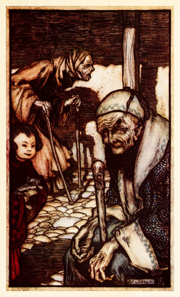 Struldbrugs uheldige udødelige uden evig ungdom, som er erklæret fra del III: En rejse til Laputa, Balnibarbi, Luggnagg, Glubbdubdrib og Japan i Gullivers rejser af Jonathan Swift af Arthur Rackham