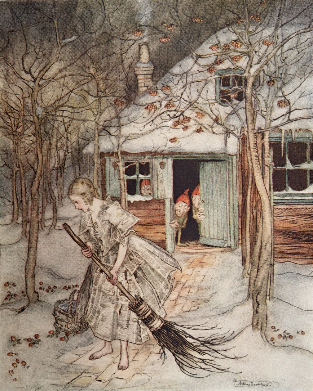 De tre små mænd i skoven, fra Lillebror & Lillesøster og andre fortællinger af brødrene Grimm, pub.1917 af Arthur Rackham