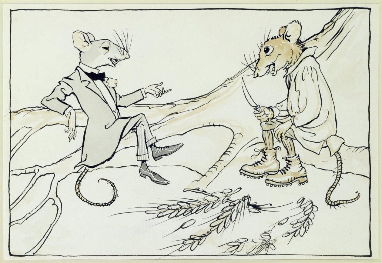 The Town Mouse and the Country Mouse, illustration fra Aesops Fables, udgivet 1912 (pen & blæk med wc på papir) af Arthur Rackham