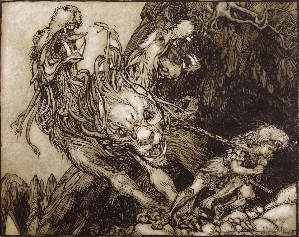 The Twelfth Labour of Hercules, illustration fra The Greek Heroes af B.G. Niebuhr, 1903 (pen & blæk og wc på papir) af Arthur Rackham