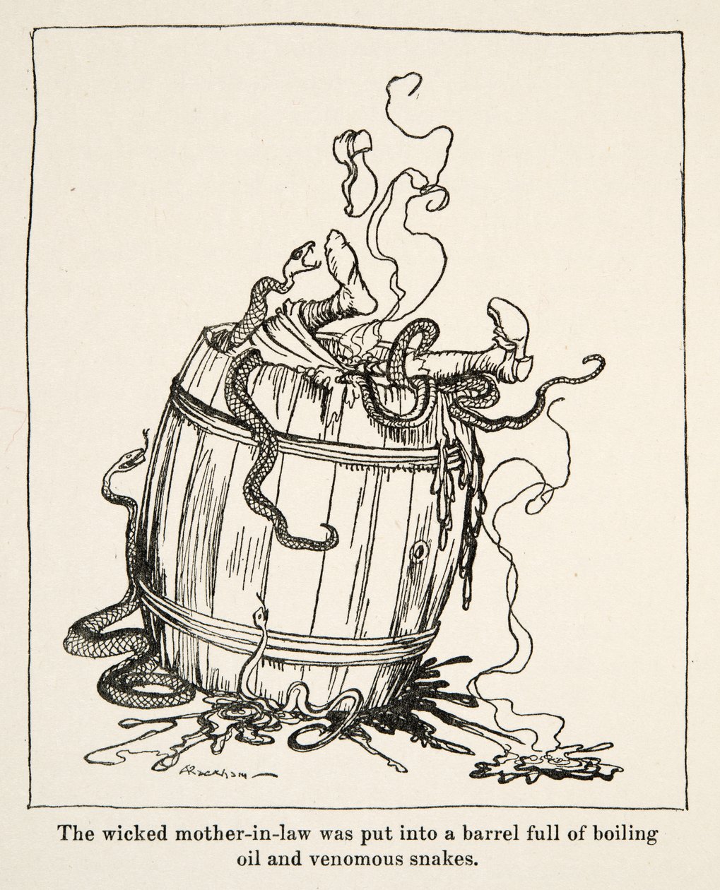 Den onde svigermor blev puttet i en tønde fuld af kogende olie og giftige slanger, fra Little Brother & Little Sister and Other Tales af brødrene Grimm, pub.1917 (litho) af Arthur Rackham