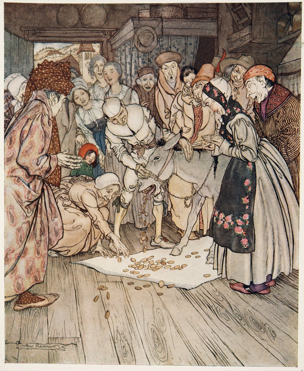 Ønskebordet, røvguden og knusen i rygsækken, fra Lillebror & Lillesøster og andre fortællinger af brødrene Grimm, pub.1917 af Arthur Rackham
