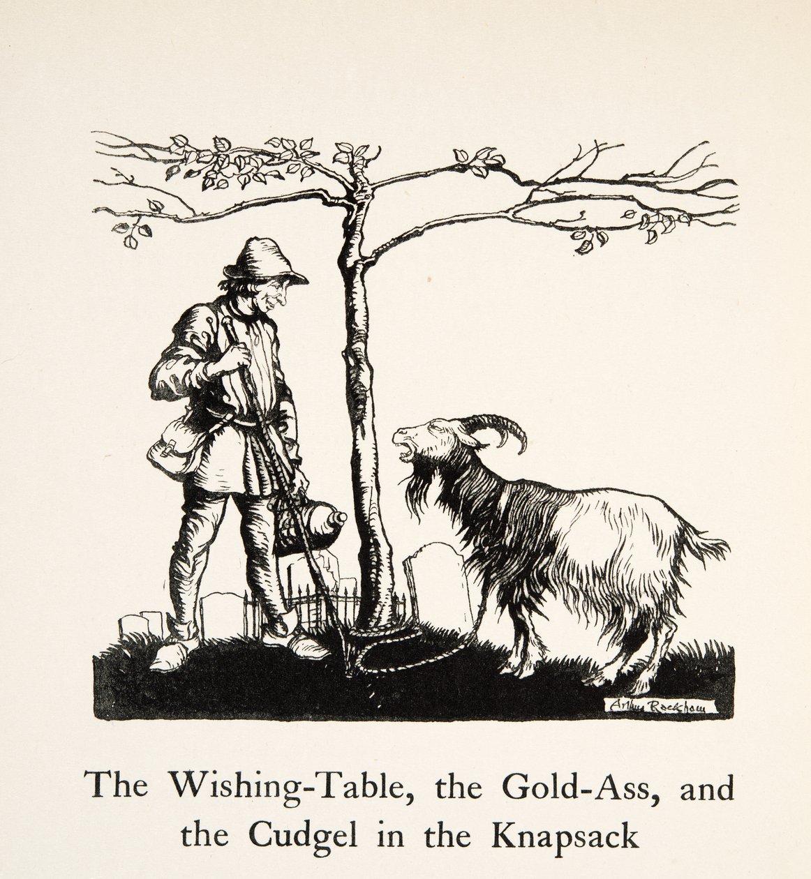 Ønskebordet, guldrøven og knusen i rygsækken, fra Lillebror & Lillesøster og andre fortællinger af brødrene Grimm, pub.1917 (litho) af Arthur Rackham