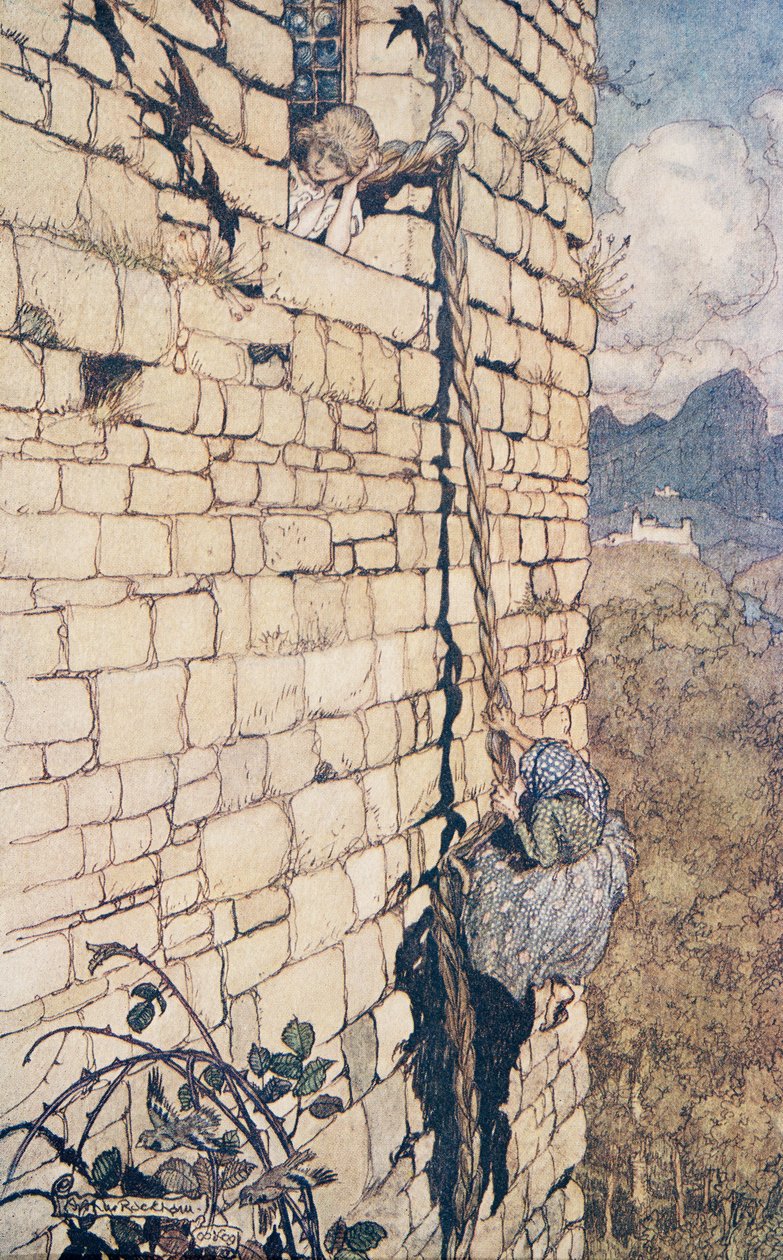 Heksen klatrede op .. , fra The Fairy Tales of the Brothers Grimm, pub. 1909 af Arthur Rackham