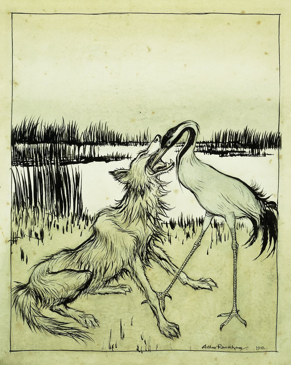 Ulven og tranen - Aesops Fables, 1912 af Arthur Rackham