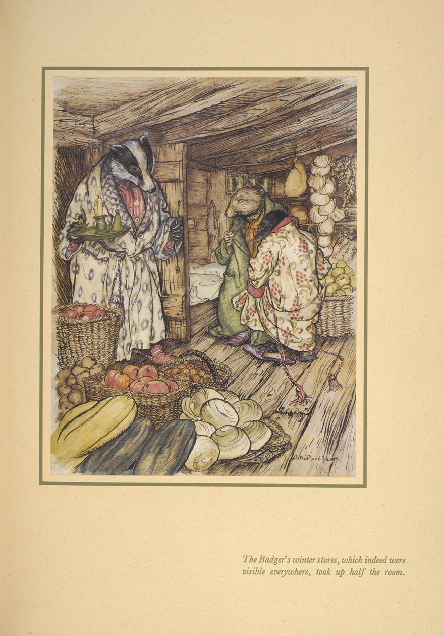 Grævlingens vinterlagre, der såmænd var synlige overalt, optog halvdelen af rummet«. af Arthur Rackham
