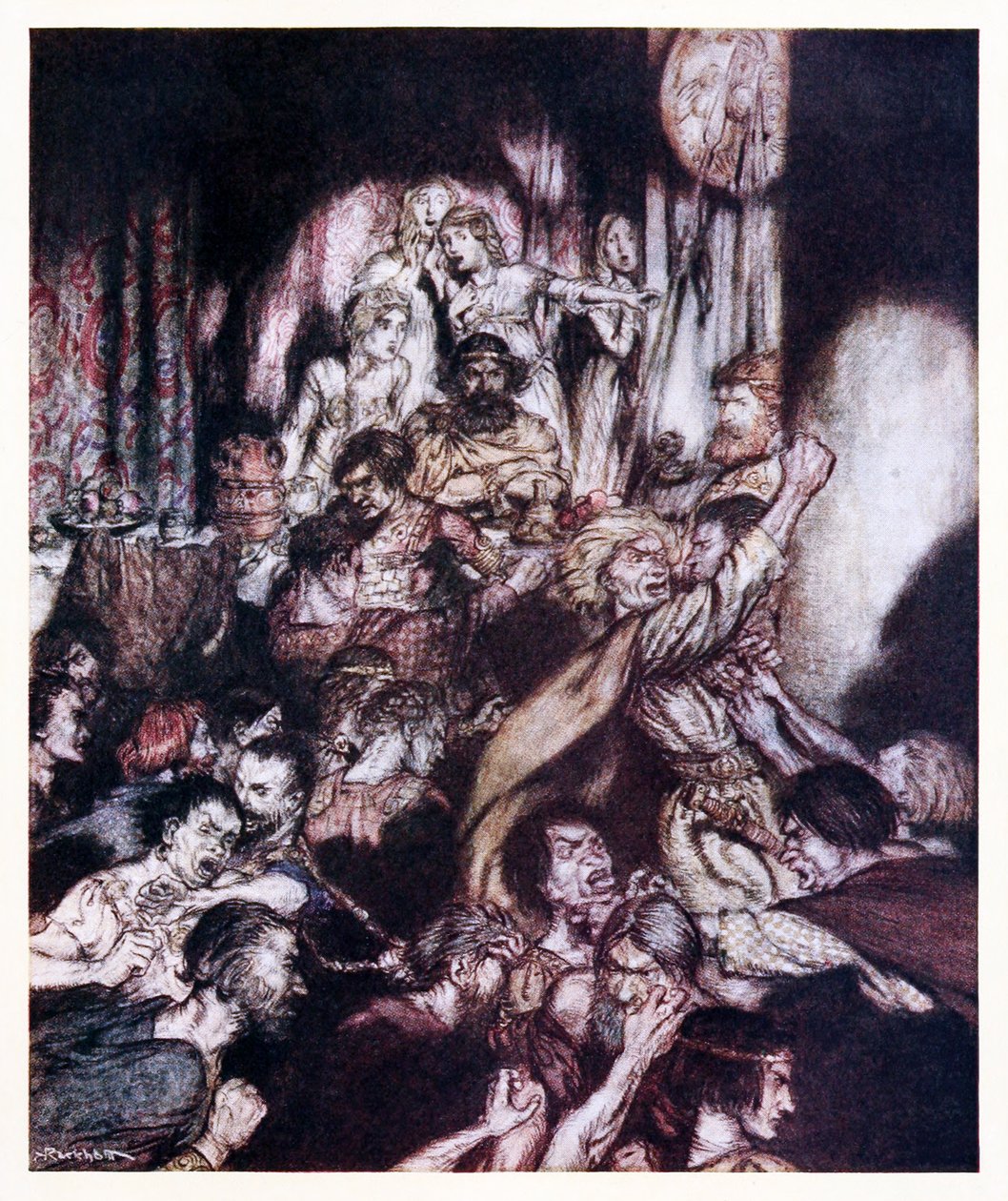Selskabssalen var i tumult. fra The Little Brawl in Irish Fairy Tales af Arthur Rackham