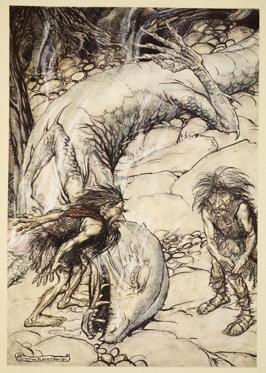 Dværgene skændes om liget af Fafner, illustration fra 