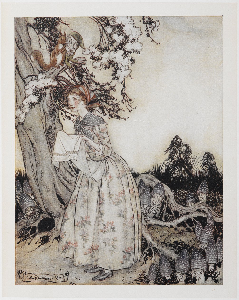 Den skønne stuepige, der den første maj går på markerne ved brud på dagen. af Arthur Rackham