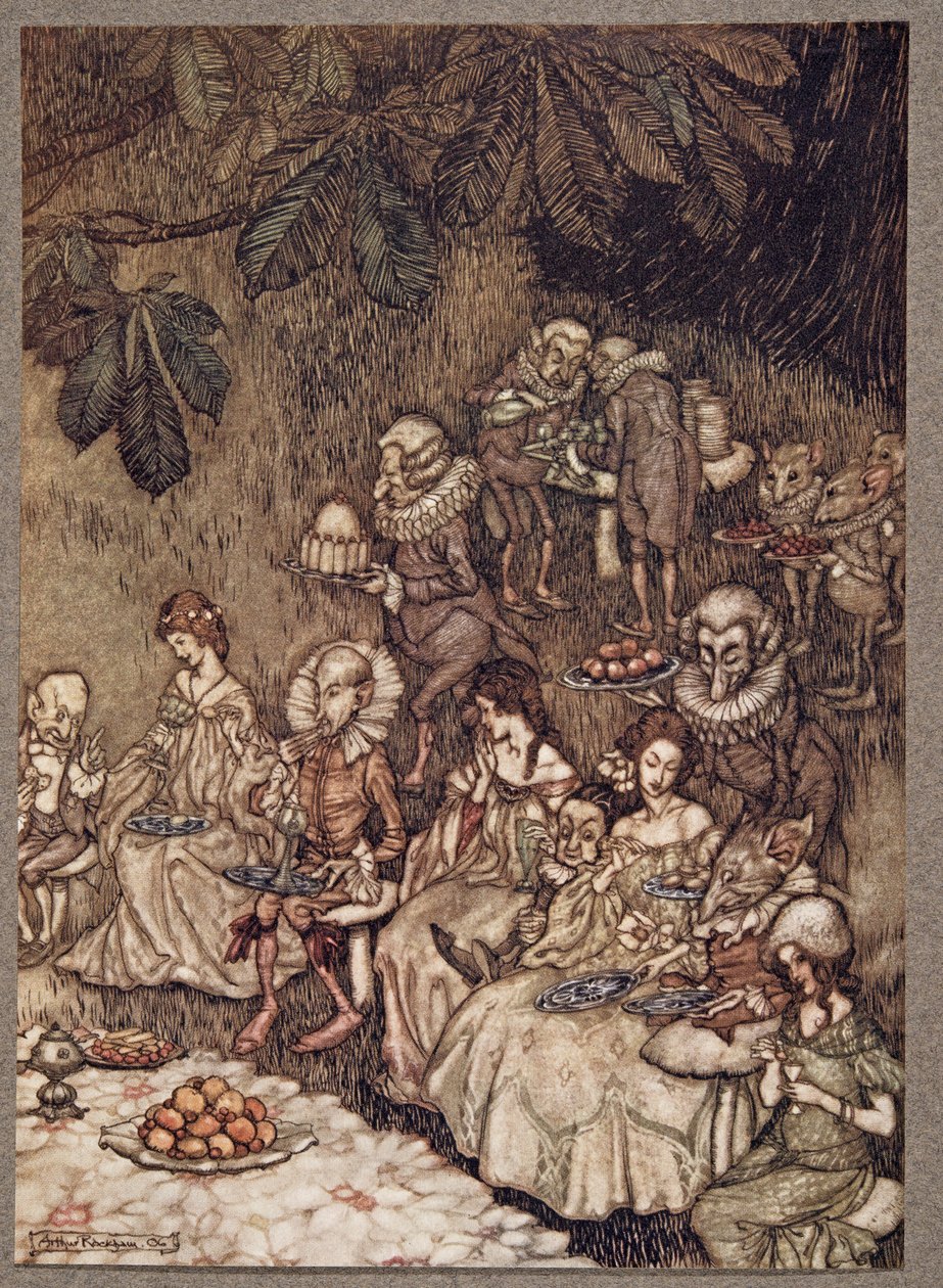 Feerne sidder rundt på svampe, og først er de velopdragne, fra Peter Pan i Kensington Gardens af J M Barrie (1860 - 1937), pub. 1906 af Arthur Rackham