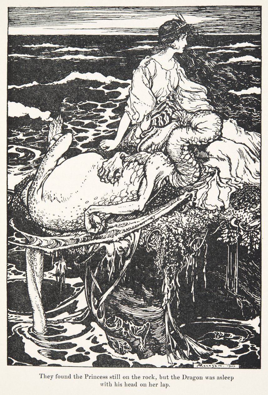 De fandt prinsessen stadig på klippen, men dragen sov med hovedet på hendes skød, , fra The Fairy Tales of the Brothers Grimm, pub. 1909 af Arthur Rackham