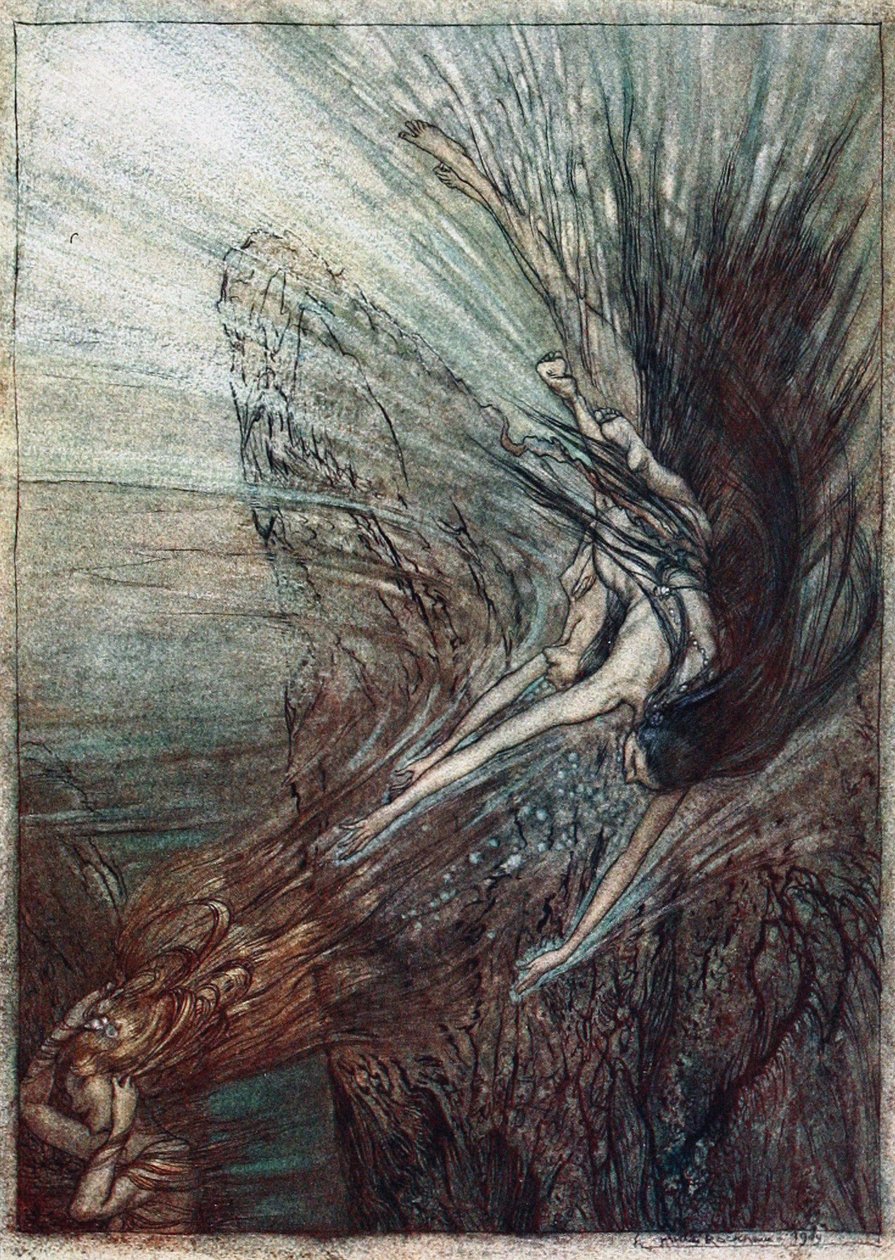 Rhinpigernes boltring. Illustration til Rhinegold og Valkyrien af Richard Wagner, af Arthur Rackham