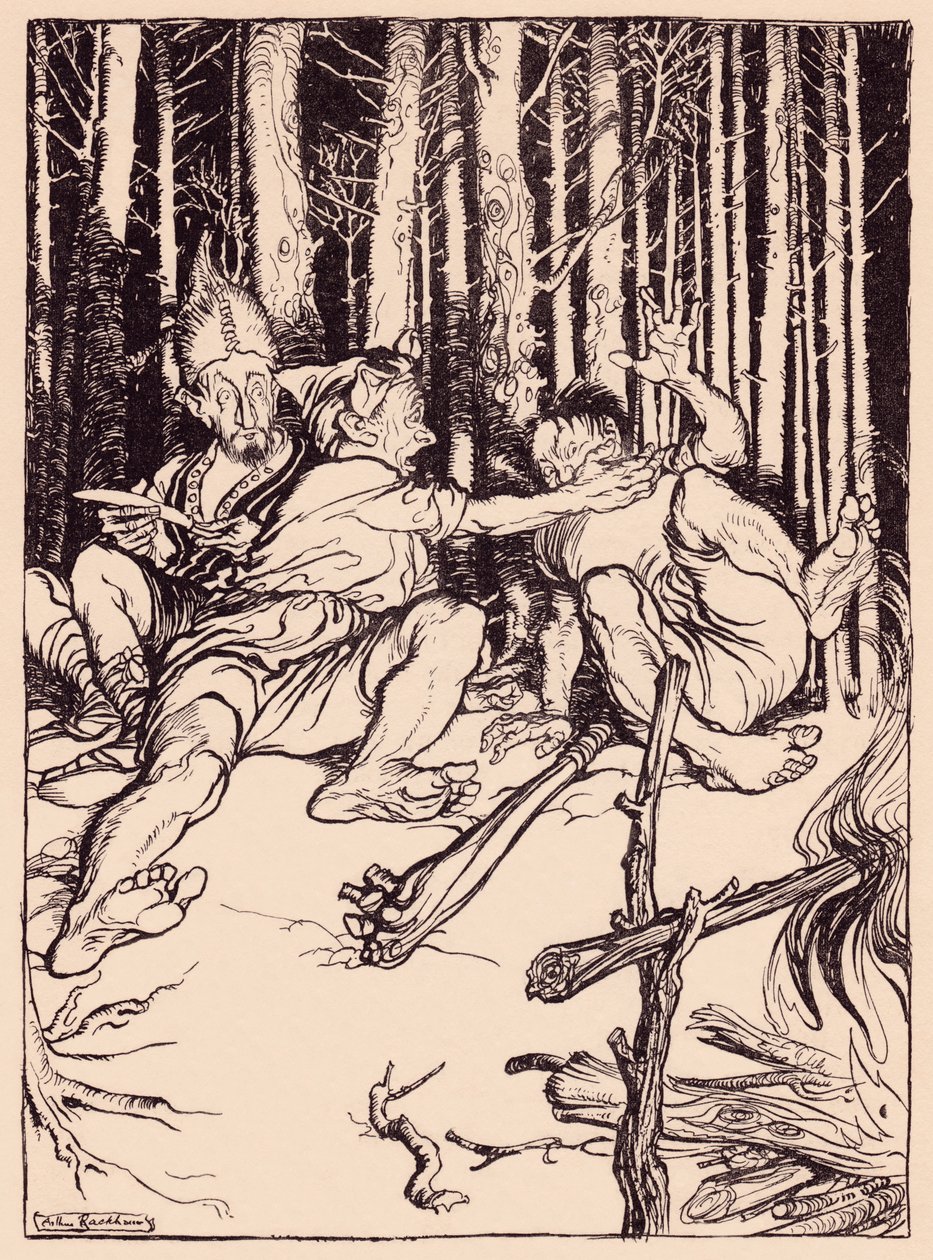 Kæmpen gav den, der sad ved siden af ham, en æske på øret. Illustration af Arthur Rackham fra Grimm