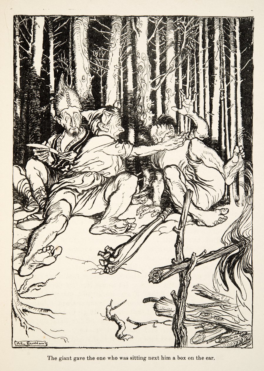 Kæmpen gav den, der sad ved siden af ham en æske på øret, fra Lillebror & Lillesøster og andre fortællinger af brødrene Grimm, pub.1917 (litho) af Arthur Rackham