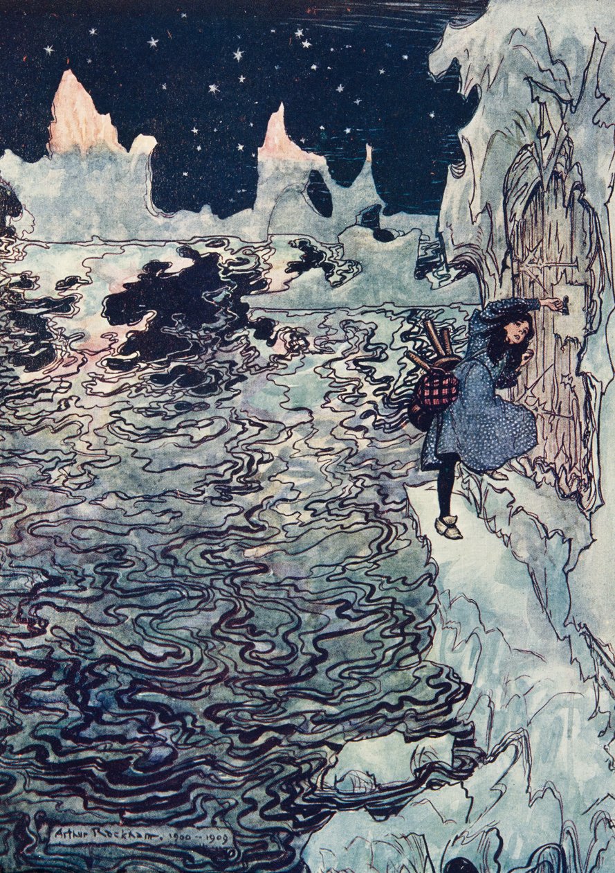 Den gode lillesøster skar sin egen lille finger af, satte den i låsen og lykkedes med at åbne den fra Brødrene Grimms eventyr, pub. 1909 af Arthur Rackham