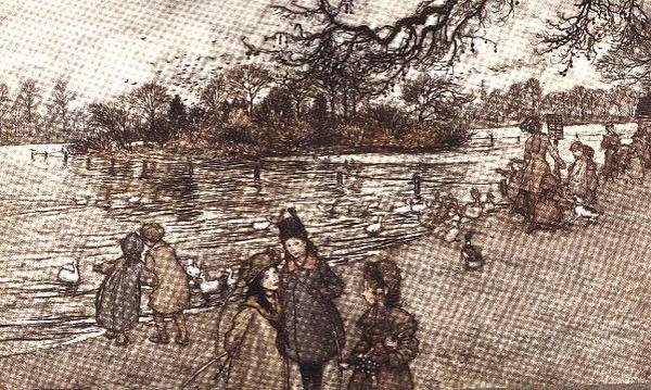 Øen, hvor alle fuglene er født, fra Peter Pan i Kensington Gardens af J.M. Barrie, 1906 af Arthur Rackham