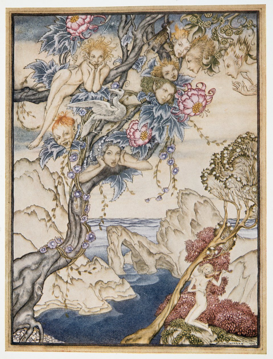 Øen er fuld af lyde, lyde og sød luft, der giver glæde og ikke gør ondt, illustration fra William Shakespeares The Tempest, pub. 1926 af Arthur Rackham